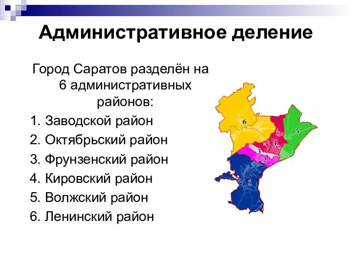 Административное деление Город Саратов разделён на 6 административных районов: 1.