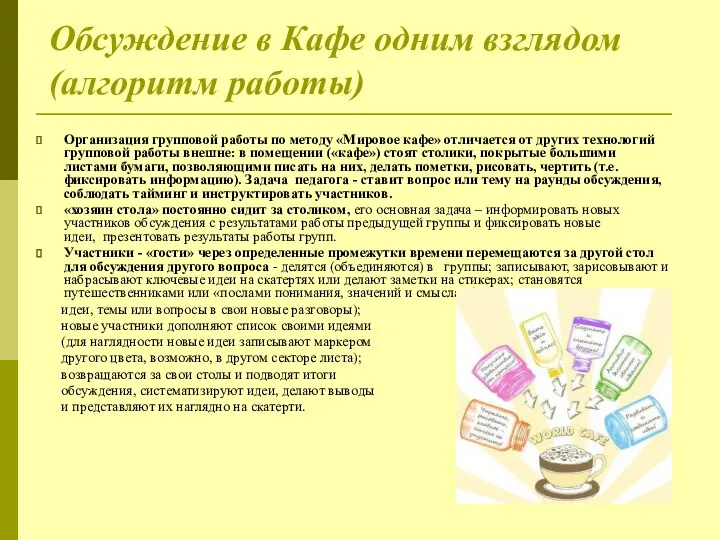 Обсуждение в Кафе одним взглядом (алгоритм работы) Организация групповой работы по методу «Мировое