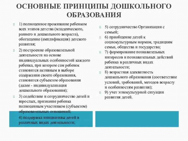 ОСНОВНЫЕ ПРИНЦИПЫ ДОШКОЛЬНОГО ОБРАЗОВАНИЯ 1) полноценное проживание ребенком всех этапов