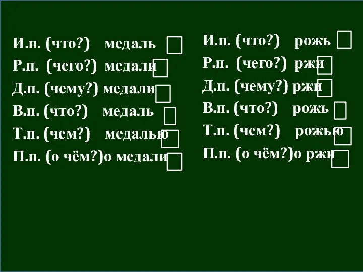 И.п. (что?) медаль Р.п. (чего?) медали Д.п. (чему?) медали В.п.