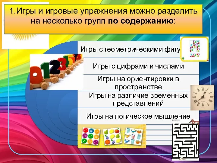 1.Игры и игровые упражнения можно разделить на несколько групп по содержанию: