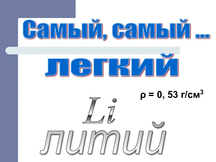 Самый, самый ... литий легкий Li ρ = 0, 53 г/см3