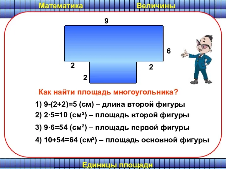 Математика Величины Как найти площадь многоугольника? S - ? см²