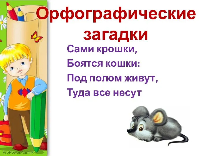 Орфографические загадки Сами крошки, Боятся кошки: Под полом живут, Туда все несут