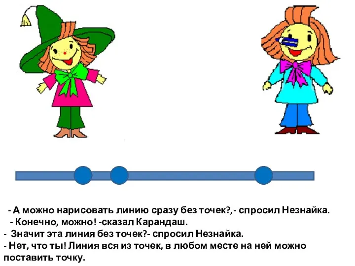 - А можно нарисовать линию сразу без точек?,- спросил Незнайка.