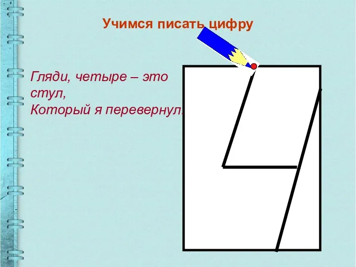 Учимся писать цифру Гляди, четыре – это стул, Который я перевернул.