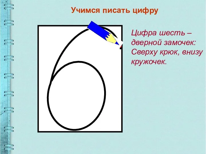 Учимся писать цифру Цифра шесть – дверной замочек: Сверху крюк, внизу кружочек.