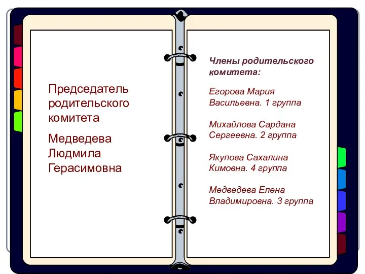 Председатель родительского комитета Медведева Людмила Герасимовна Члены родительского комитета: Егорова