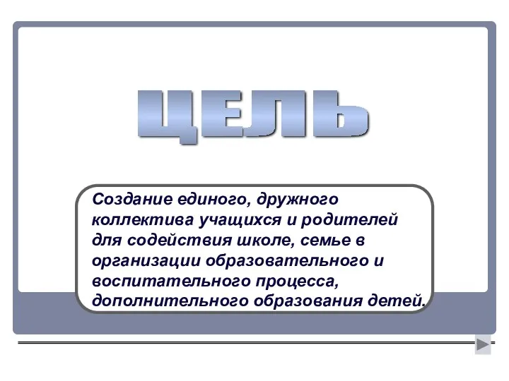 ЦЕЛЬ Создание единого, дружного коллектива учащихся и родителей для содействия