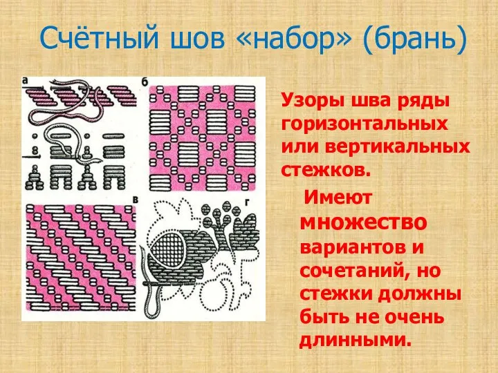 Счётный шов «набор» (брань) Узоры шва ряды горизонтальных или вертикальных