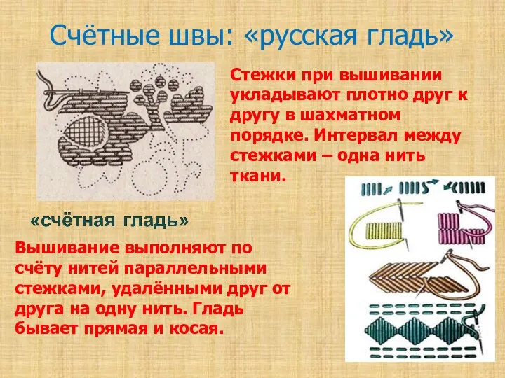 Счётные швы: «русская гладь» Вышивание выполняют по счёту нитей параллельными