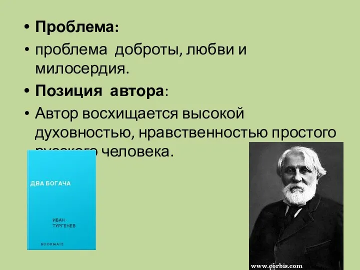 Проблема: проблема доброты, любви и милосердия. Позиция автора: Автор восхищается высокой духовностью, нравственностью простого русского человека.