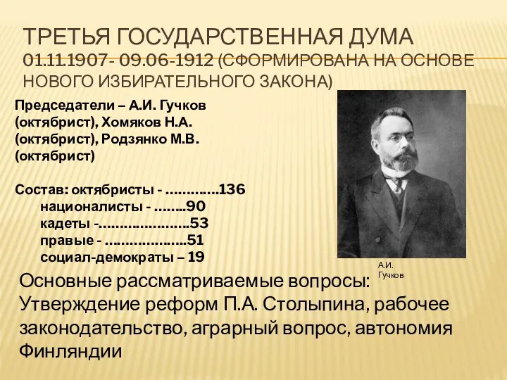 третья Государственная дума 01.11.1907- 09.06-1912 (сформирована на основе нового избирательного