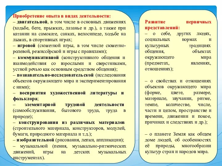 Приобретение опыта в видах деятельности: – двигательной, в том числе