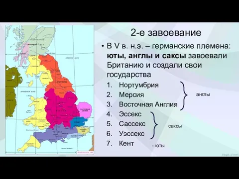 2-е завоевание В V в. н.э. – германские племена: юты,