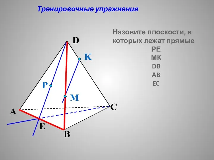 Тренировочные упражнения Назовите плоскости, в которых лежат прямые РЕ МК