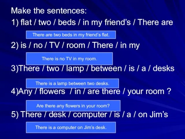 Make the sentences: 1) flat / two / beds / in my friend’s