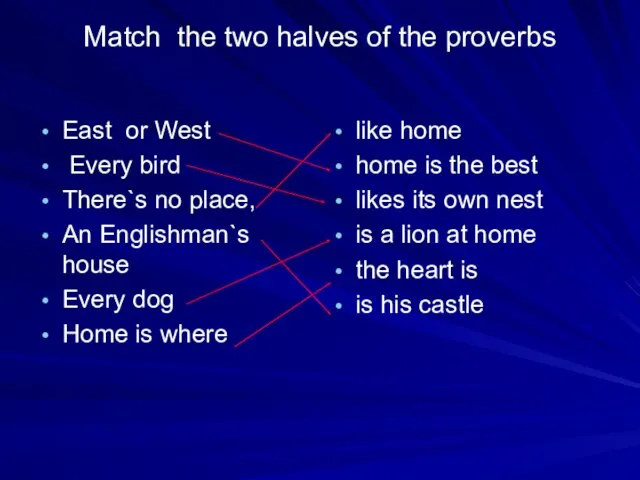 Match the two halves of the proverbs East or West Every bird There`s