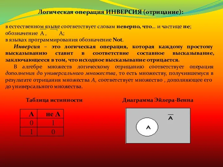 Логическая операция ИНВЕРСИЯ (отрицание): в естественном языке соответствует словам неверно,