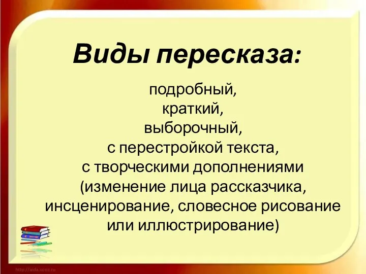 Виды пересказа: подробный, краткий, выборочный, с перестройкой текста, с творческими