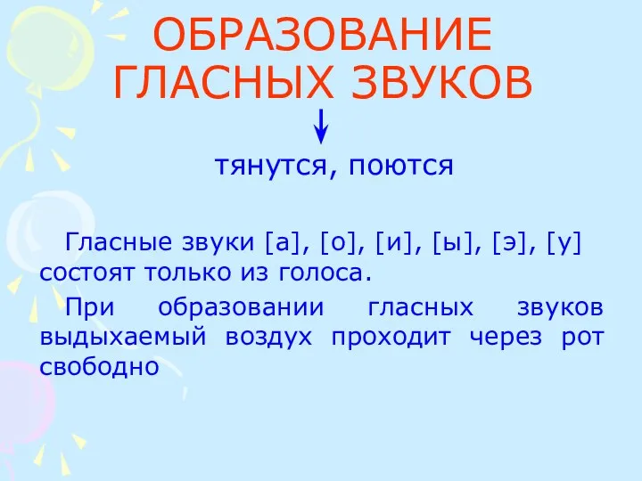 ОБРАЗОВАНИЕ ГЛАСНЫХ ЗВУКОВ тянутся, поются Гласные звуки [а], [о], [и],