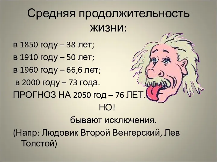 Средняя продолжительность жизни: в 1850 году – 38 лет; в