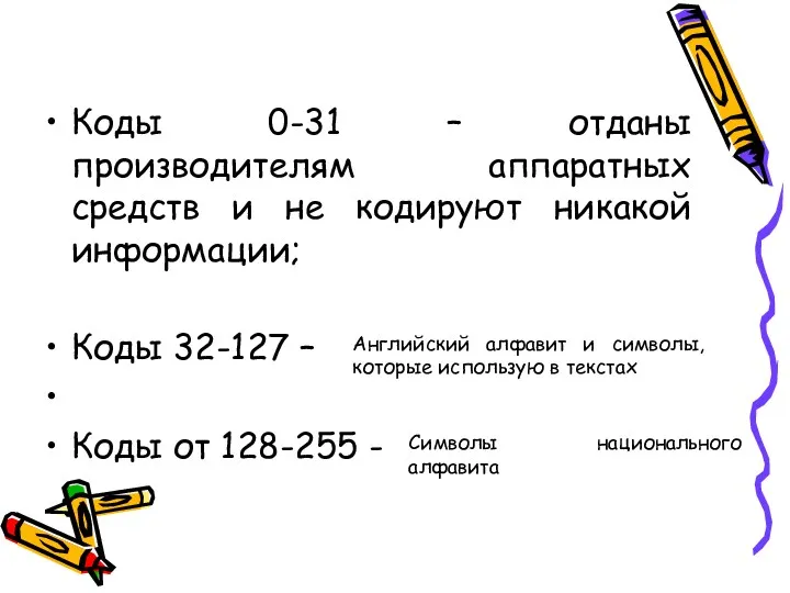 Коды 0-31 – отданы производителям аппаратных средств и не кодируют