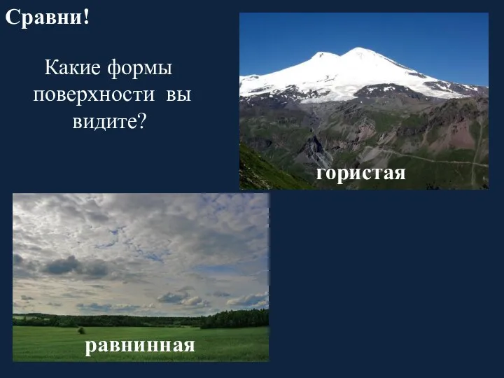 Сравни! Какие формы поверхности вы видите? равнинная гористая