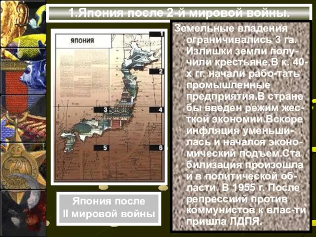 1.Япония после 2-й мировой войны. Земельные владения ограничивались 3 га.