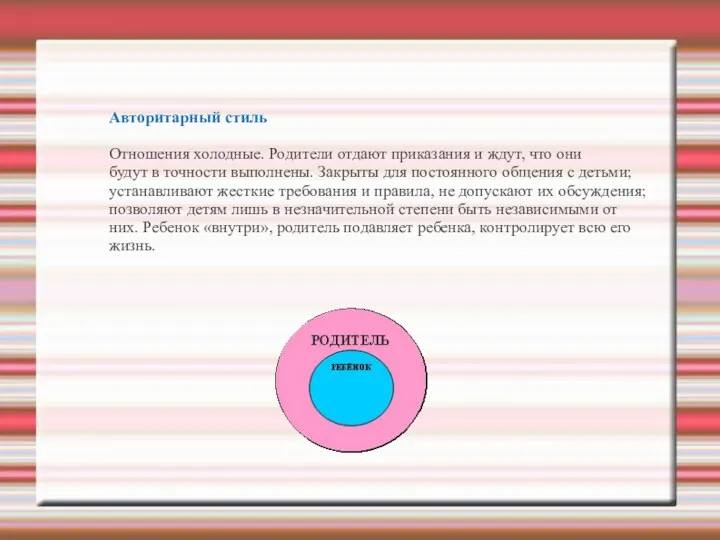 Авторитарный стиль Отношения холодные. Родители отдают приказания и ждут, что