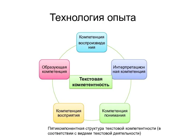 Технология опыта Текстовая компетентность Пятикомпонентная структура текстовой компетентности (в соответствии с видами текстовой деятельности)