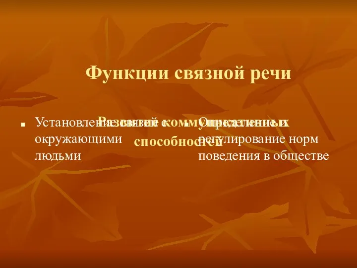 Функции связной речи Развитие коммуникативных способностей Установление связей с окружающими