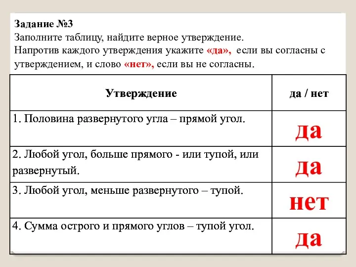 Задание №3 Заполните таблицу, найдите верное утверждение. Напротив каждого утверждения