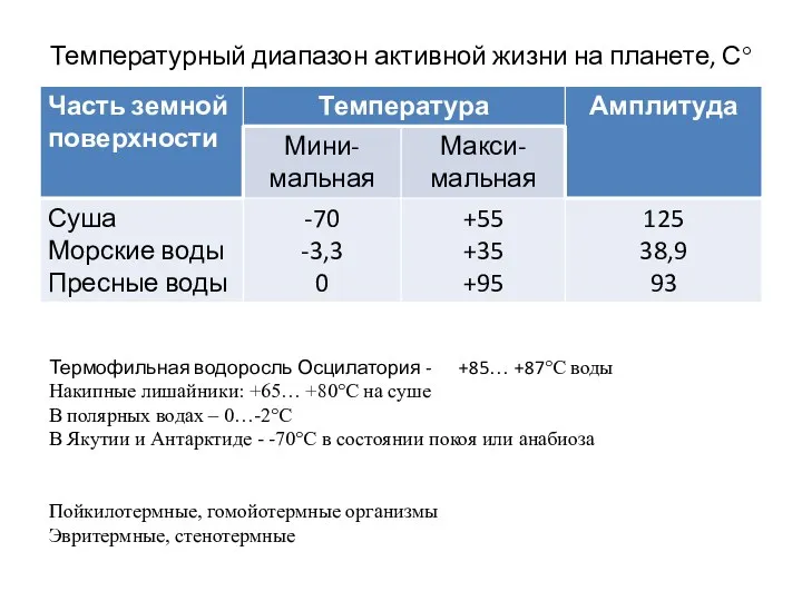 Температурный диапазон активной жизни на планете, С° Термофильная водоросль Осцилатория