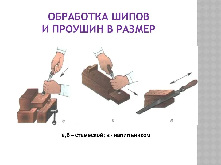 ОБРАБОТКА ШИПОВ И ПРОУШИН В РАЗМЕР а,б – стамеской; в - напильником