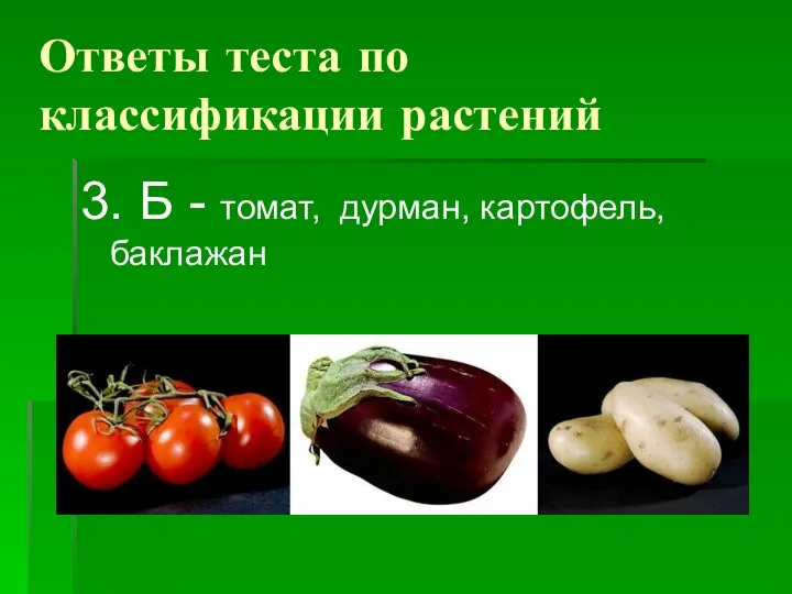 Ответы теста по классификации растений 3. Б - томат, дурман, картофель, баклажан