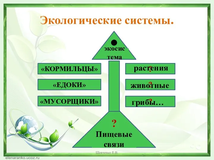 «КОРМИЛЬЦЫ» «ЕДОКИ» «МУСОРЩИКИ» ? ? ? растения животные грибы… Пищевые