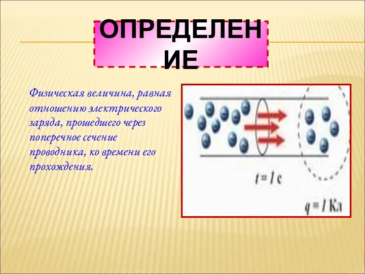 ОПРЕДЕЛЕНИЕ Физическая величина, равная отношению электрического заряда, прошедшего через поперечное сечение проводника, ко времени его прохождения.