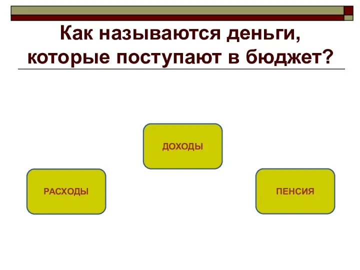 Как называются деньги, которые поступают в бюджет? ДОХОДЫ РАСХОДЫ ПЕНСИЯ