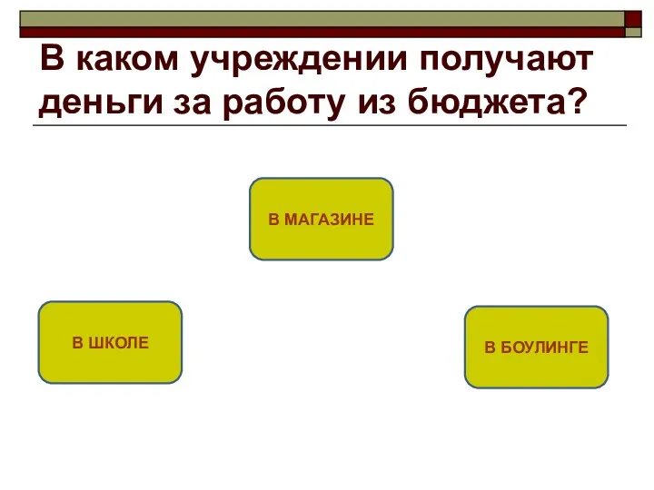 В каком учреждении получают деньги за работу из бюджета? В ШКОЛЕ В МАГАЗИНЕ В БОУЛИНГЕ