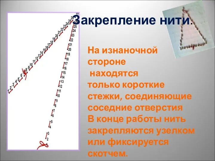 На изнаночной стороне находятся только короткие стежки, соединяющие соседние отверстия