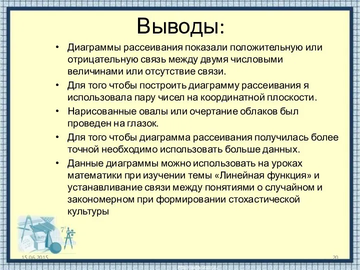 Выводы: Диаграммы рассеивания показали положительную или отрицательную связь между двумя