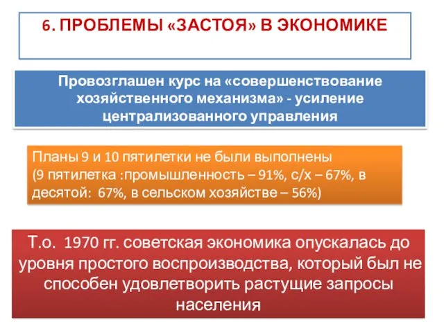 6. ПРОБЛЕМЫ «ЗАСТОЯ» В ЭКОНОМИКЕ Провозглашен курс на «совершенствование хозяйственного