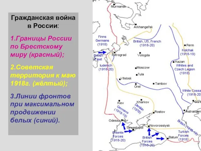 Гражданская война в России: 1.Границы России по Брестскому миру (красный);