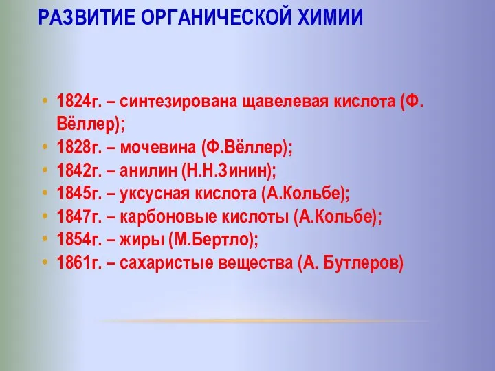 Развитие органической химии 1824г. – синтезирована щавелевая кислота (Ф.Вёллер); 1828г. – мочевина (Ф.Вёллер);