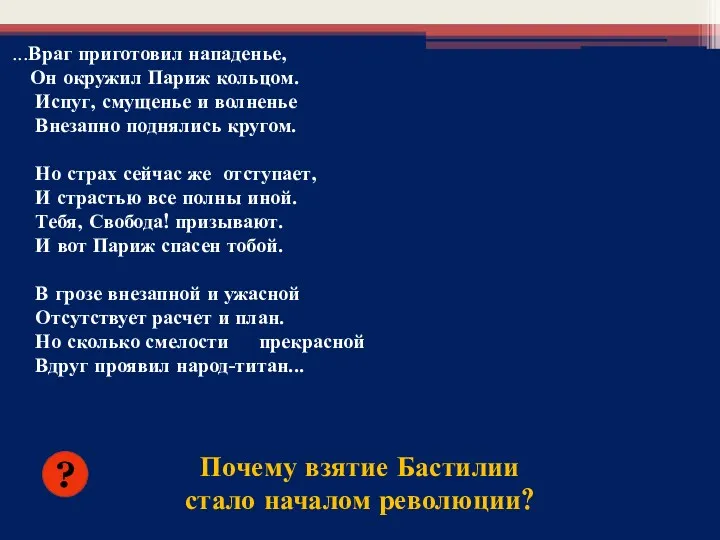 ...Враг приготовил нападенье, Он окружил Париж кольцом. Испуг, смущенье и