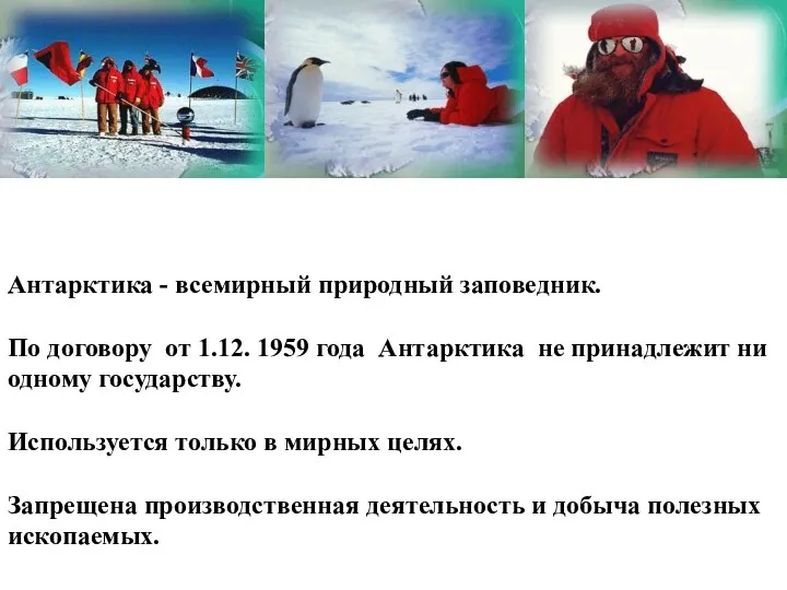 Антарктика - всемирный природный заповедник. По договору от 1.12. 1959