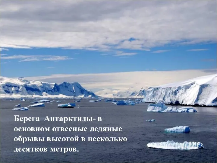 Берега Антарктиды- в основном отвесные ледяные обрывы высотой в несколько десятков метров.