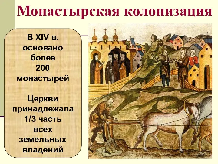 Монастырская колонизация В XIV в. основано более 200 монастырей Церкви принадлежала 1/3 часть всех земельных владений