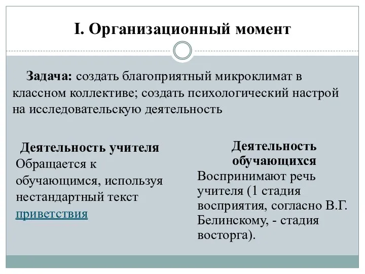 I. Организационный момент Деятельность учителя Обращается к обучающимся, используя нестандартный